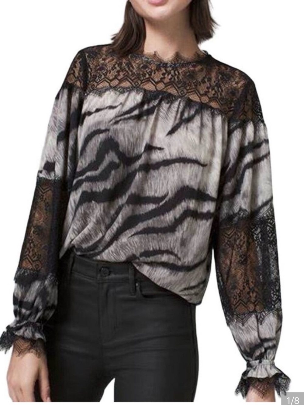 White House Black Market Black & Gray Tiger Lace Yoke Blouse Size Small S NWT